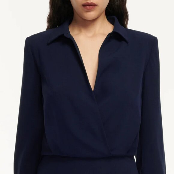 NEW WITH TAG Louland Mouret LONG SLEEVE COLLAR SATIN CREPE MIDI DRESS NAVY US4 - Picture 4 of 9